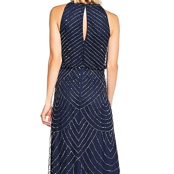 Adrianna Papell Halter Art Deco Beaded Blouson Navy Blue Dress new with defects - Picture 3 of 11